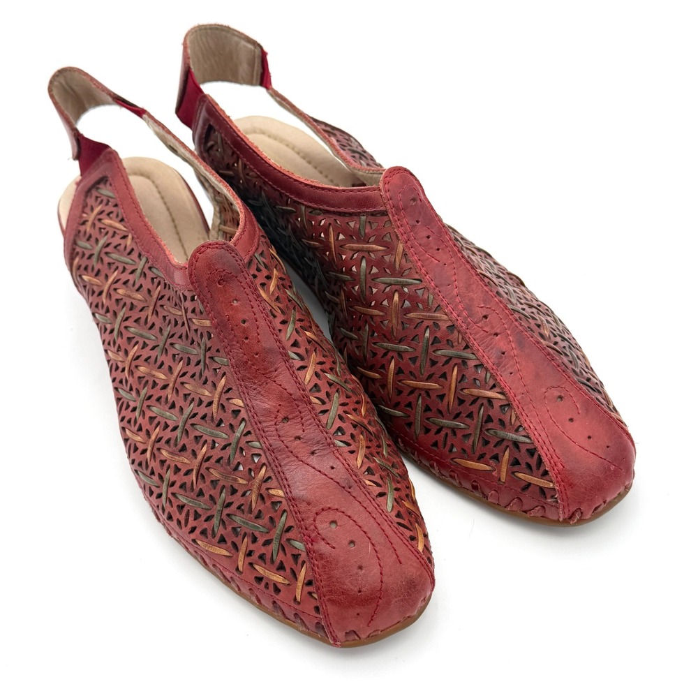 Pikolinos Puerto Vallarta Red Leather Laser Cut Slingback Wedge Sandals Size 39